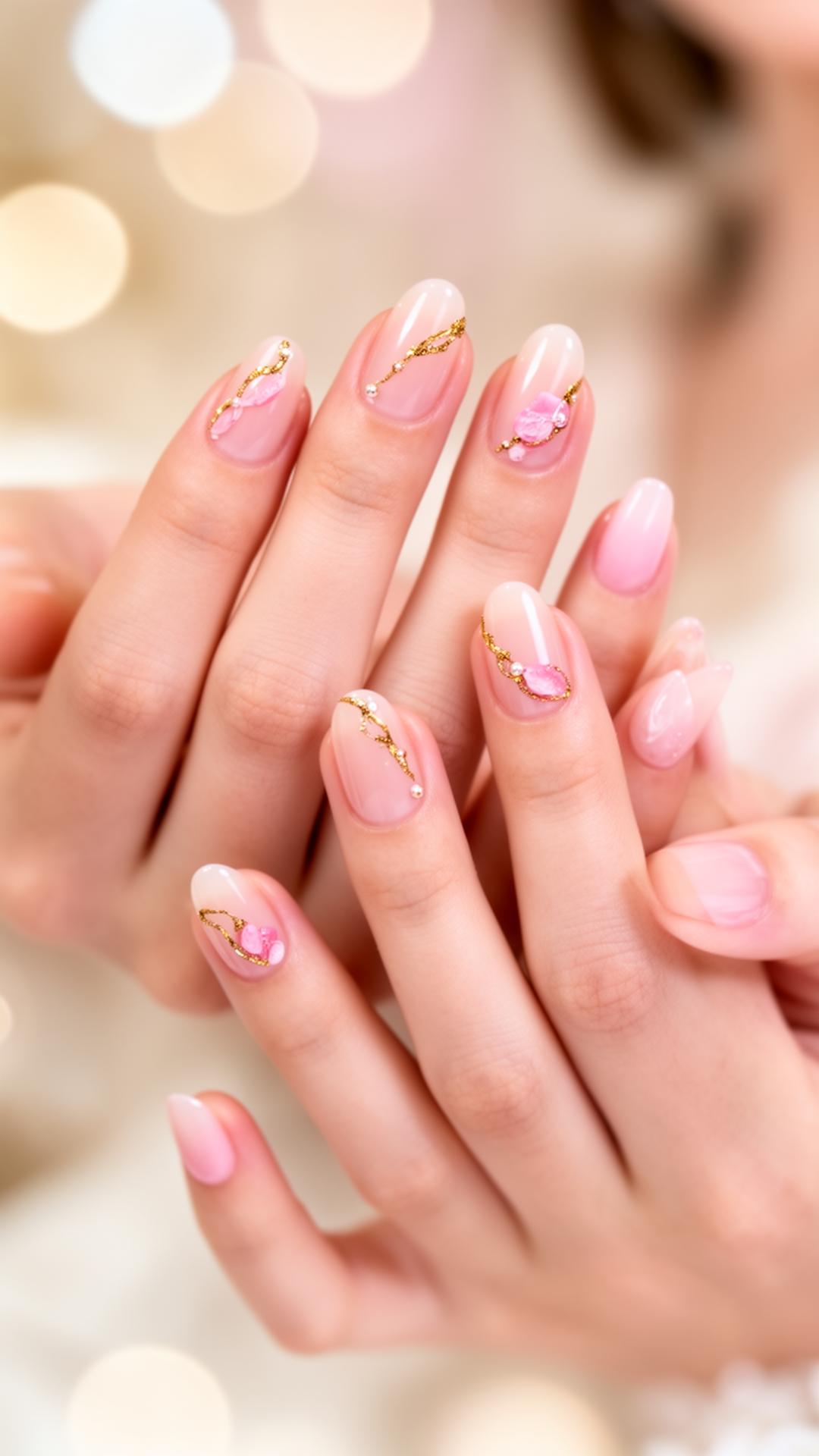 Diseño de uñas soft gel con detalles dorados